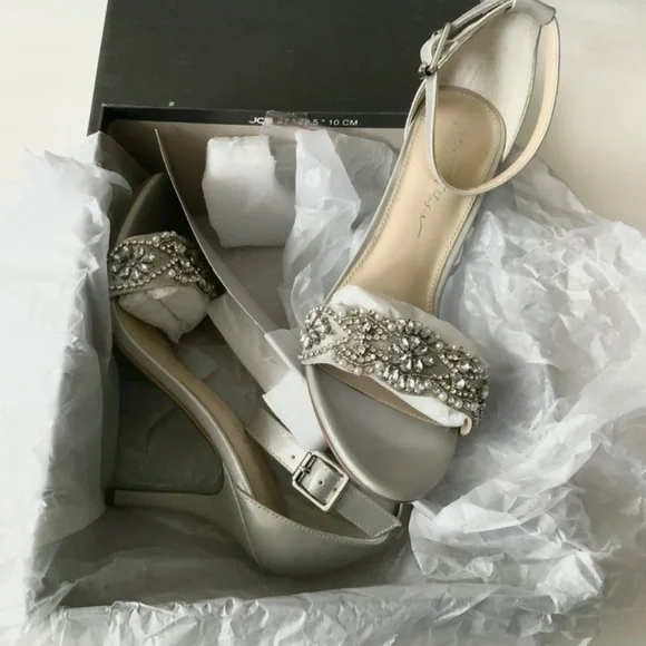Betsey Johnson Gina Jeweled Ankle Strap Dress Sandals Silver Satin Stiletto Heel - Picture 11 of 14